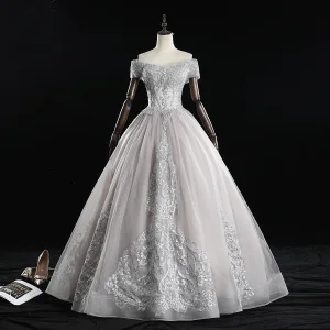 Élégant Gris Robe De Bal 2019 Princesse De L Épaule Perle En Dentelle Fleur Manches Courtes Dos Nu Longue Robe De Ceremonie