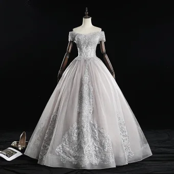 Élégant Gris Robe De Bal 2019 Princesse De L Épaule Perle En Dentelle Fleur Manches Courtes Dos Nu Longue Robe De Ceremonie