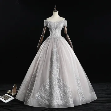 Élégant Gris Robe De Bal 2019 Princesse De L Épaule Perle En Dentelle Fleur Manches Courtes Dos Nu Longue Robe De Ceremonie