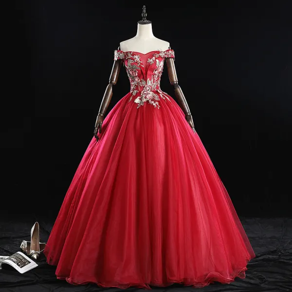 Chic / Beautiful Burgundy Prom Dresses 2019 Ball Gown Off-The-Shoulder Pearl Rhinestone Lace Flower Sleeveless Backless Floor-Length / Long Formal Dresses