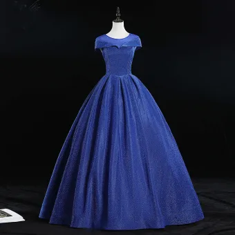 Elegante Koninklijk Blauw Galajurken 2019 Baljurk Ronde Hals Glans Tule Kapmouwen Ruglooze Lange Gelegenheid Jurken