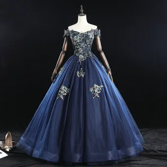 Vintage Originale Bleu Marine Robe De Bal 2019 Princesse De L 039 Épaule Perle En Dentelle Fleur Sans Manches Dos Nu Longue Robe De Ceremonie