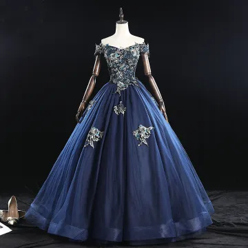 Vintage Retro Navy Blue Prom Dresses 2019 A Line Princess Off The Shoulder Pearl Lace Flower Sleeveless Backless Floor Length Long Formal Dresses