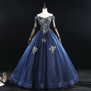 Vintage Granatowe Sukienki Na Bal 2019 Princessa Przy Ramieniu Perła Z Koronki Kwiat Bez Rękawów Bez Pleców Długie Sukienki Wizytowe