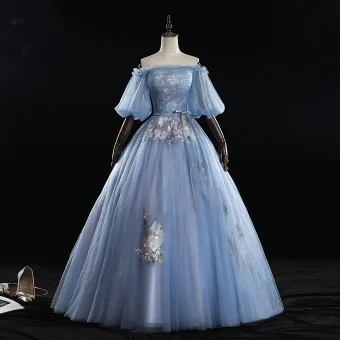 Chic Belle Bleu Ciel Robe De Bal 2019 Robe Boule De L 039 Épaule Noeud En Dentelle Fleur Volants Manches Courtes Dos Nu Longue Robe De Ceremonie
