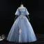 Chic / Beautiful Sky Blue Prom Dresses 2019 Ball Gown Off-The-Shoulder Bow Lace Flower Ruffle Short Sleeve Backless Floor-Length / Long Formal Dresses