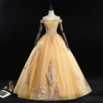 Klasyczna Złote Quinceañera Sukienki Na Bal 2019 Suknia Balowa Przy Ramieniu Frezowanie Cekiny Z Koronki Kwiat Bez Rękawów Bez Pleców Długie Sukienki Wizytowe
