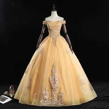 Classique Doré Quinceañera Robe De Bal 2019 Robe Boule De L Épaule Perlage Paillettes En Dentelle Fleur Sans Manches Dos Nu Longue Robe De Ceremonie
