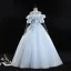 Classy Sky Blue Prom Dresses 2019 Ball Gown Scoop Neck Pearl Lace Flower Appliques Short Sleeve Backless Floor-Length / Long Formal Dresses