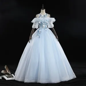 Elegancka Błękitne Sukienki Na Bal 2019 Suknia Balowa Wycięciem Perła Z Koronki Kwiat Aplikacje Kótkie Rękawy Bez Pleców Długie Sukienki Wizytowe