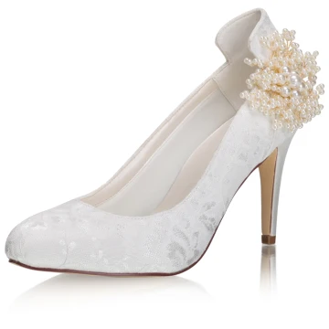 Eleganta Elfenben Satin Spets Pärla Brudskor 2021 8 Cm Stilettklackar Spetsiga Bröllop Pumps Högklackade