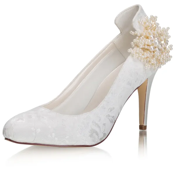 Elegant Ivory Satin Lace Pearl Wedding Shoes 2021 8 cm Stiletto Heels Pointed Toe Wedding Pumps High Heels