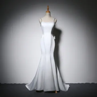 Elegant Ivory Evening Dresses 2018 Trumpet Mermaid Bow Spaghetti Straps Backless Sleeveless Sweep Train Formal Dresses