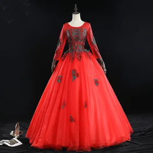 Élégant Rouge Robe De Bal 2019 Robe Boule Encolure Dégagée Perlage Gland Faux Diamant En Dentelle Fleur Manches Longues Dos Nu Longue Robe De Ceremonie