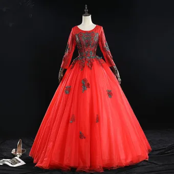 Élégant Rouge Robe De Bal 2019 Robe Boule Encolure Dégagée Perlage Gland Faux Diamant En Dentelle Fleur Manches Longues Dos Nu Longue Robe De Ceremonie