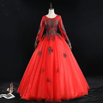 Elegant Red Prom Dresses 2019 Ball Gown Scoop Neck Beading Tassel Rhinestone Lace Flower Long Sleeve Backless Floor Length Long Formal Dresses