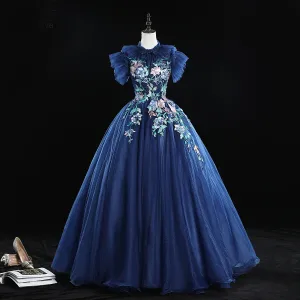 Vintage Mørk Marineblå Ballkjoler 2019 Ballkjole Buste Høy Hals Rhinestone Perle Blonder Blomst Korte Ermer Ryggløse Lange Formelle Kjoler