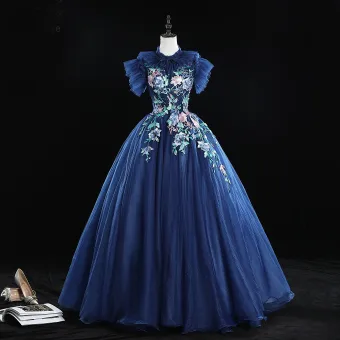 Vintage Originale Bleu Marine Robe De Bal 2019 Robe Boule Volants Col Haut Faux Diamant Perle En Dentelle Fleur Manches Courtes Dos Nu Longue Robe De Ceremonie