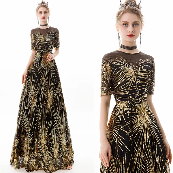 Chic / Beautiful Black Gold Evening Dresses  2019 A-Line / Princess Scoop Neck Sequins Rhinestone Short Sleeve Floor-Length / Long Formal Dresses