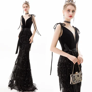 Chic Belle Noire Robe De Soirée 2019 Trompette Sirène V Cou Paillettes Gland Noeud Sans Manches Dos Nu Longue Robe De Ceremonie