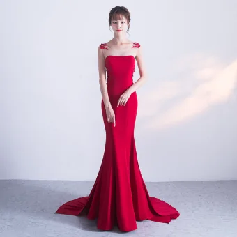 Chic Beautiful Burgundy Evening Dresses 2018 Trumpet Mermaid Lace Appliques Bow Scoop Neck Sleeveless Sweep Train Formal Dresses