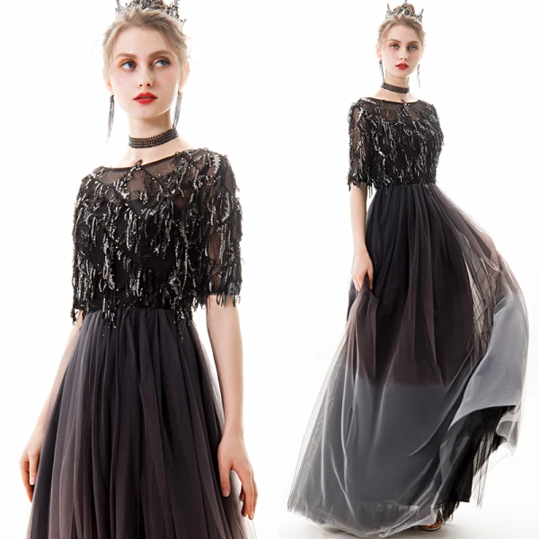 Chic / Belle Noire Argenté Robe De Soirée 2019 Princesse Encolure Dégagée Paillettes Gland 1/2 Manches Longue Robe De Ceremonie