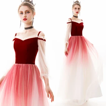 Moderne Mode Bordeaux Robe De Soirée 2019 Princesse Encolure Carrée Daim 3 4 Manches Dos Nu Longue Robe De Ceremonie
