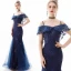 Charmant Bleu Marine Robe De Soirée 2019 Trompette / Sirène De l'épaule En Dentelle Fleur Manches Courtes Dos Nu Longue Robe De Ceremonie
