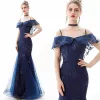 Charming Navy Blue Evening Dresses  2019 Trumpet / Mermaid Off-The-Shoulder Lace Flower Short Sleeve Backless Floor-Length / Long Formal Dresses