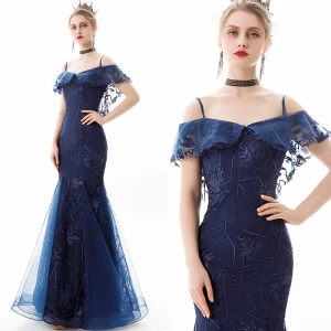 Charmant Marineblau Abendkleider 2019 Meerjungfrau Off Shoulder Spitze Blumen Kurze Ärmel Rückenfreies Lange Festliche Kleider