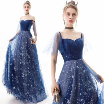 Moderne Mode Bleu Marine Robe De Soirée 2019 Princesse De L Épaule Étoile Paillettes Manches Courtes Dos Nu Longue Robe De Ceremonie