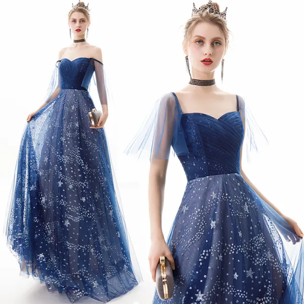 Modern / Fashion Navy Blue Evening Dresses  2019 A-Line / Princess Off-The-Shoulder Star Sequins Short Sleeve Backless Floor-Length / Long Formal Dresses