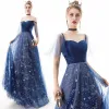 Moderne / Mode Bleu Marine Robe De Soirée 2019 Princesse De l'épaule Étoile Paillettes Manches Courtes Dos Nu Longue Robe De Ceremonie