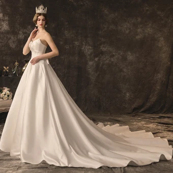 Charmant Ivoor Trouwjurken 2019 A Lijn Strapless Mouwloos Ruglooze Strik Chapel Train