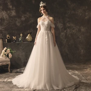 Charmant Ivoire Robe De Mariée 2019 Princesse Titulaire Perlage Paillettes En Dentelle Fleur Sans Manches Dos Nu Tribunal Train