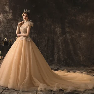 High End Champagne Wedding Dresses 2019 A Line Princess High Neck Beading Sequins Lace Flower Short Sleeve Tassel Backless Cathedral Train