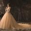 High-end Champagne Wedding Dresses 2019 A-Line / Princess High Neck Beading Sequins Lace Flower Short Sleeve Tassel Backless Cathedral Train