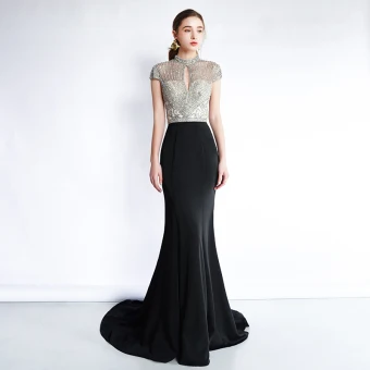 Luxe Noire Robe De Soirée 2019 Trompette Sirène Col Haut Perlage Paillettes Mancherons Train De Balayage Robe De Ceremonie