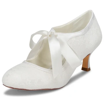 Simple Ivoire Satin En Dentelle Chaussure De Mariée 2021 Noeud 6 Cm Talons Aiguilles À Bout Rond Mariage Escarpins Talons Hauts