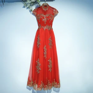 Chic Belle Rouge Robe De Ceremonie Robe De Soirée 2017 En Dentelle Fleur Paillettes Manches Courtes Col Haut Longue Princesse