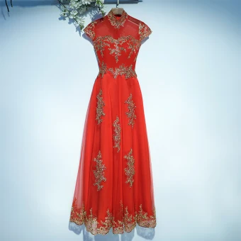 Chic Belle Rouge Robe De Ceremonie Robe De Soirée 2017 En Dentelle Fleur Paillettes Manches Courtes Col Haut Longue Princesse