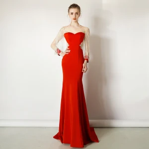 Luxe Rouge Robe De Soirée 2019 Trompette Sirène Encolure Dégagée En Dentelle Fleur Manches Longues Perlage Gland Train De Balayage Robe De Ceremonie