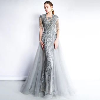 Luxe Gris Robe De Soirée 2019 Trompette Sirène Encolure Carrée Fait Main Perlage Gland Cristal En Dentelle Fleur Sans Manches Train De Balayage Robe De Ceremonie