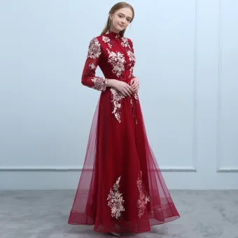 Style Chinois Bordeaux Robe De Soirée 2019 Princesse Col Haut Boutons Perlage Noeud En Dentelle Fleur Manches Longues Dos Nu Longue Robe De Ceremonie