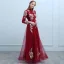 Chinese style Burgundy Evening Dresses  2019 A-Line / Princess High Neck Buttons Beading Bow Lace Flower Long Sleeve Backless Floor-Length / Long Formal Dresses