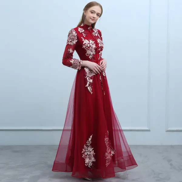 Chinese style Burgundy Evening Dresses  2019 A-Line / Princess High Neck Buttons Beading Bow Lace Flower Long Sleeve Backless Floor-Length / Long Formal Dresses