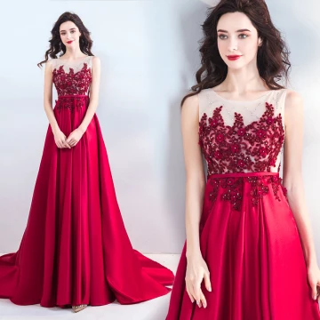 Chic Beautiful Burgundy Evening Dresses 2019 A Line Princess Scoop Neck Beading Appliques Lace Flower Pearl Rhinestone Sequins Sleeveless Court Train Formal Dresses