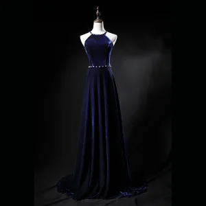 Sexy Bleu Marine Robe De Soirée 2019 Princesse Daim Titulaire Sans Manches Dos Nu Train De Balayage Robe De Ceremonie
