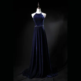 Sexy Bleu Marine Robe De Soirée 2019 Princesse Daim Titulaire Sans Manches Dos Nu Train De Balayage Robe De Ceremonie
