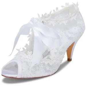 Chic Belle Blanche Satin En Dentelle Chaussure De Mariée 2021 Noeud 6 Cm Talons Aiguilles Peep Toes Bout Ouvert Mariage Talons Hauts